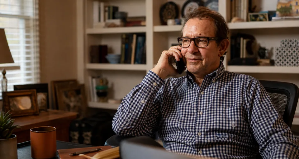 John Furtmeier taking a phone call in an office
